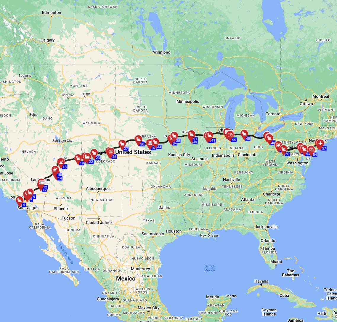 Map for Los Angeles to New York  - Coast to coast